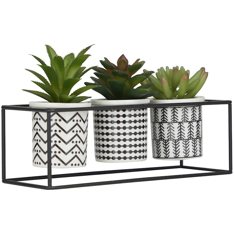 Novogratz 10" Green Faux Foliage Succulent with Tribal Pots in Black Metal Stand