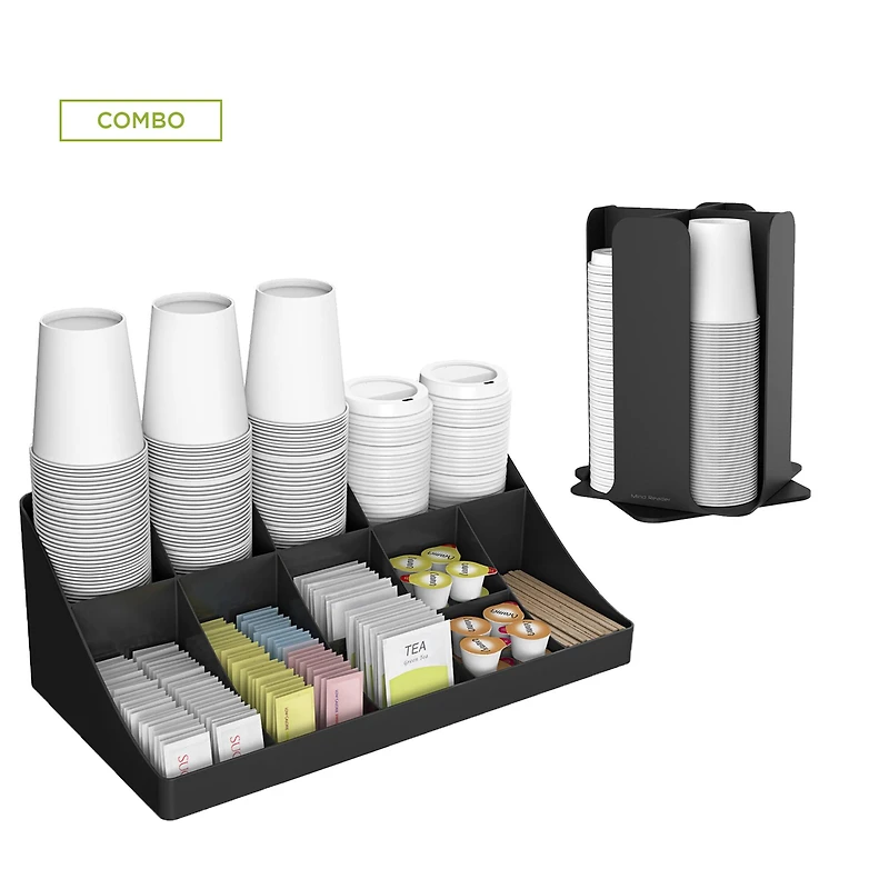 Mind Reader Black 15-Compartment Cup and Lid Organizer and Breakroom and Coffee Condiment Organizer