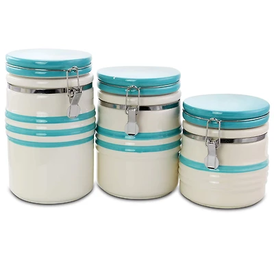 Gibson General Store Hollydale 3 Piece Canister Set in White & Teal Band