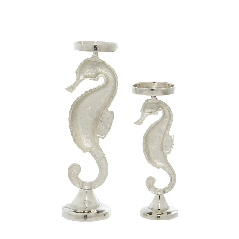 Silver Aluminum Coastal Seahorse Candle Holder Set