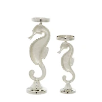 Silver Aluminum Coastal Seahorse Candle Holder Set