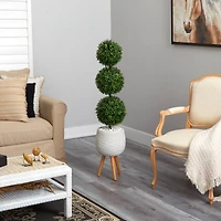 4.5ft. Boxwood Triple Ball Topiary Artificial Tree in White Planter with Stand (Indoor/Outdoor)
