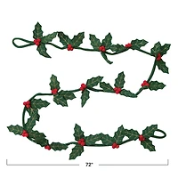 Hello Honey® 6ft. Green & Red Handmade Wool Felt Gold Embroidered Holly Leaves & Berries Wired Garland