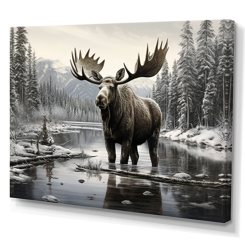 Designart "Brown White Moose Winter Majesty" Animals Wall Decor