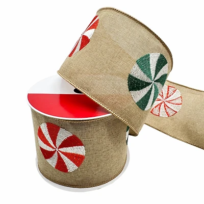 3.5" x 15ft. Embroidered Peppermints Wired Faux Linen Ribbon by Celebrate It®