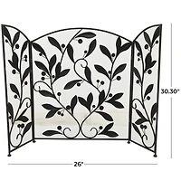 Black Metal Foldable Mesh Netting 3 Panel Scroll Fireplace Screen with Leaf and Vine Relief 45" x 1" x 30"