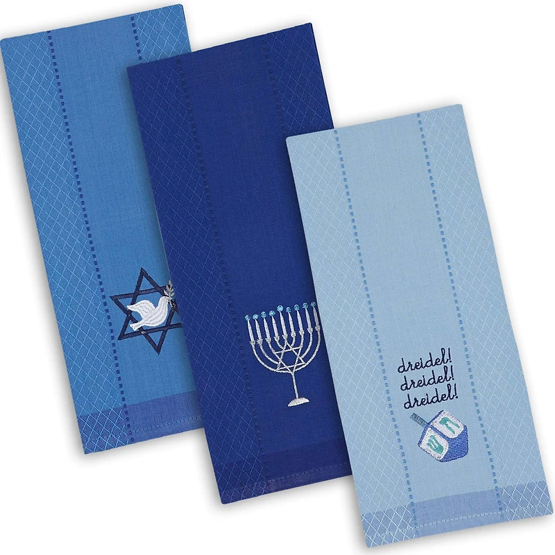 DII® Assorted Blue Hanukkah Embroidered Dishtowels Set