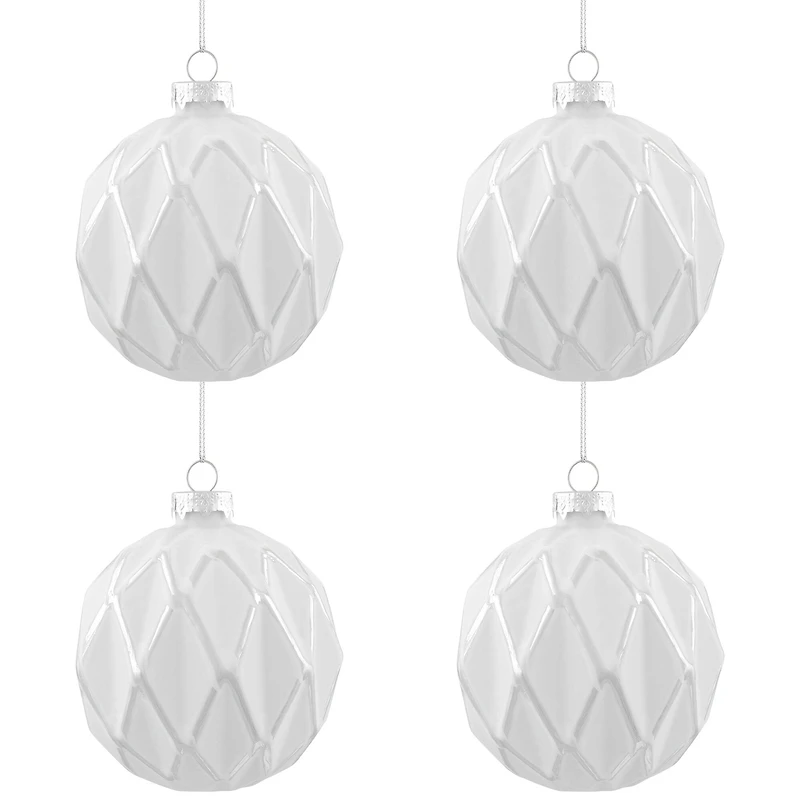 Embossed Diamond Christmas Glass Ball Ornaments - 4" (100mm) - White - 4ct