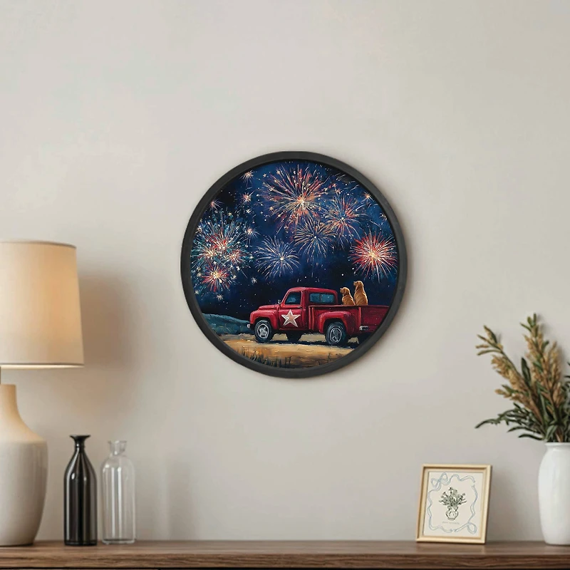 20" Goldens Watching Fireworks Round Framed Print