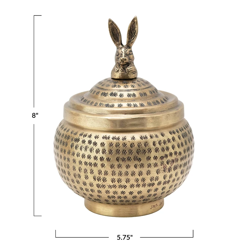 Hello Honey® 8'' Brass Finished Hammered Metal Container with Rabbit Finial