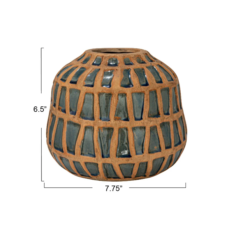 Hello Honey® 7.75" Natural & Blue Debossed Terra Cotta Vase