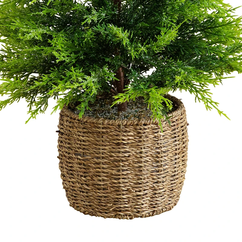 3ft. Pre-Lit Artificial Lightly Snowed Cypress Christmas Tree with 38 Warm White LED Lights in Decorative Weaved Basket