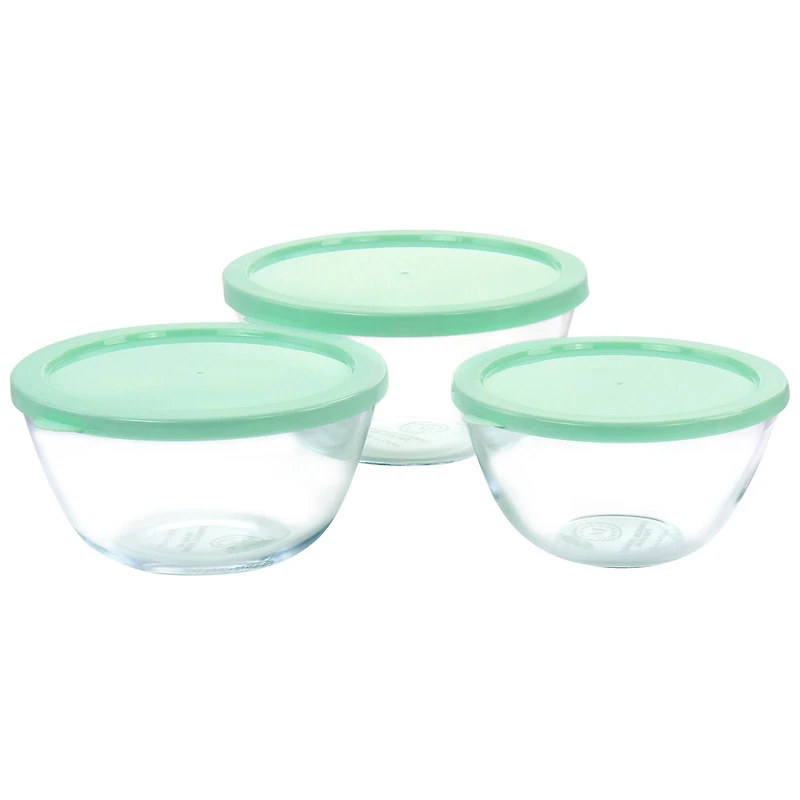 Martha Stewart Mint Borosilicate Glass Prep Bowl Set with Plastic Lids