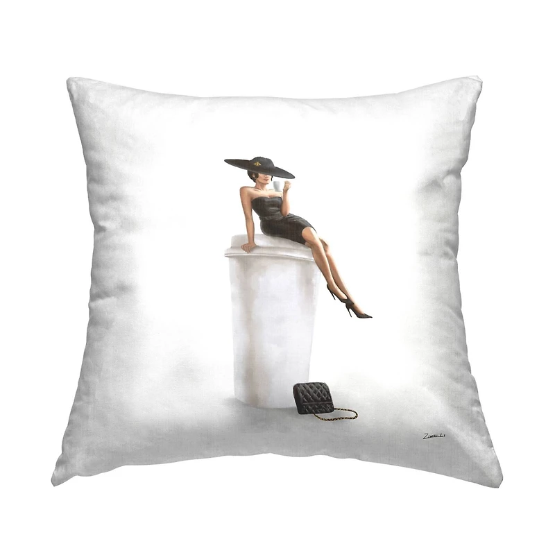 Stupell Industries Glam Fashion Woman Sipping Coffee Chic Dress Throw Pillow, 18" x 18"