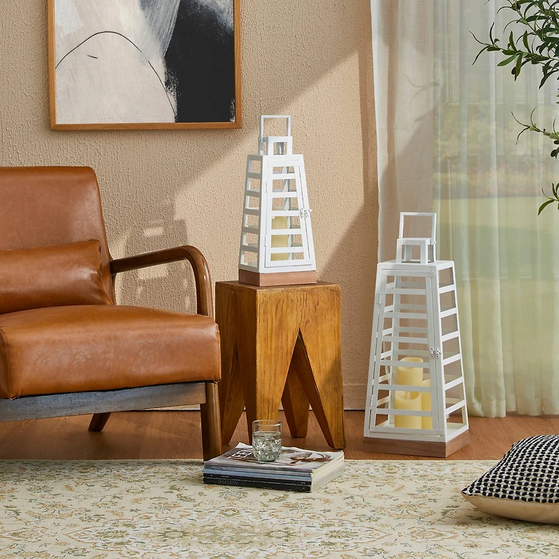 Glitzhome® White Modern Trapezoid Metal & Wood Lanterns Set