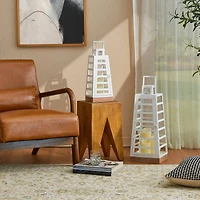 Glitzhome® White Modern Trapezoid Metal & Wood Lanterns Set