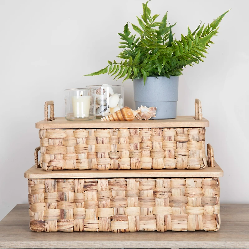 Household Essentials Stackable Hyacinth Basket Set with Oak Lids