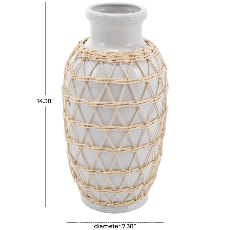 14" White Ceramic Vase with Woven Rattan Exterior