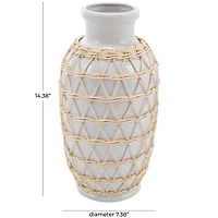 14" White Ceramic Vase with Woven Rattan Exterior