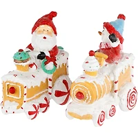 6.75" Santa & Snowman on Gingerbread Trains Christmas Figure Set