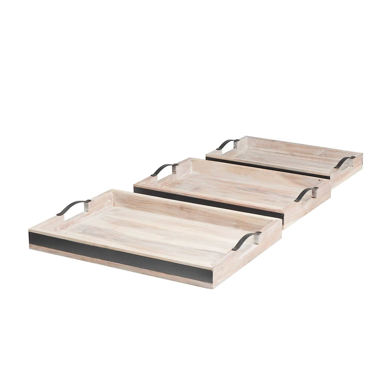Cream Mango Wood Nesting Tray Set with Black Metal Handles