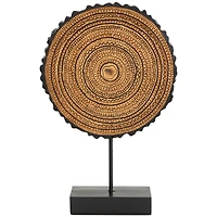 17" Brown Metal Tribal Carved Circular Sculpture with Black Stand & Wavy Edge