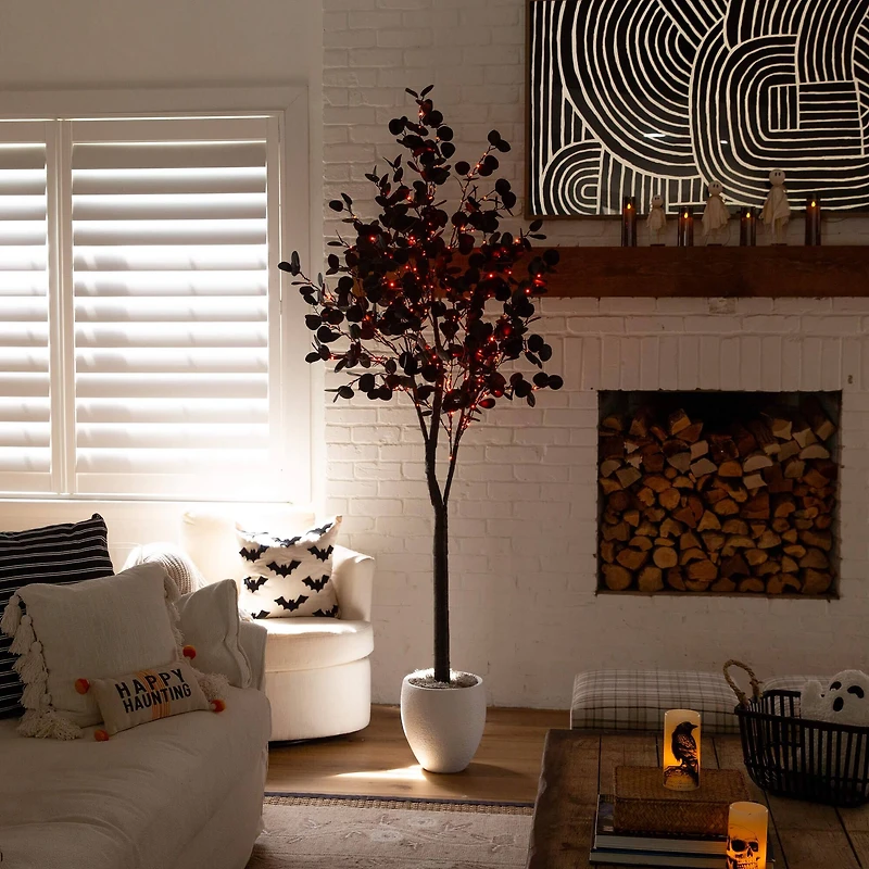 7ft. Pre-Lit Artificial Halloween Black Eucalyptus Tree with 420 Orange & Purple LED Lights