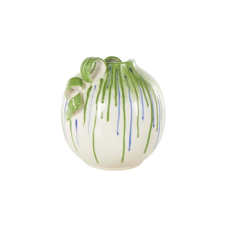 10.5" White Ceramic Vase with Green & Blue Drip Design & Handles