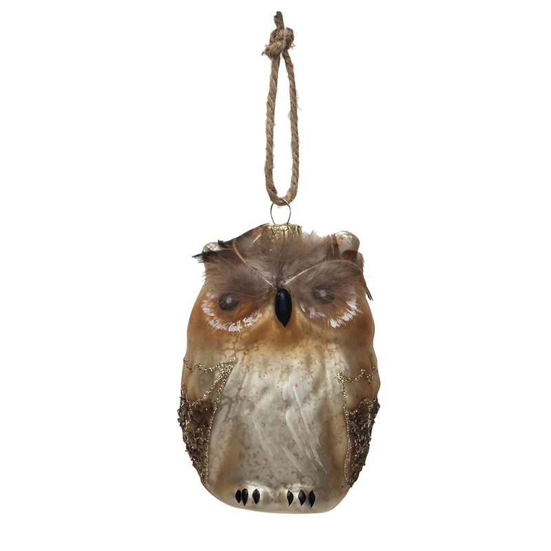 Hello Honey® 4" Brown Owl Glass Ornament with Feathers