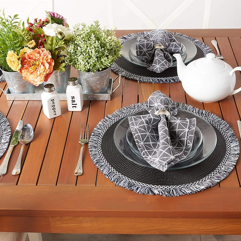 DII® 15" Round Black Fringed Placemat Set, 6ct.