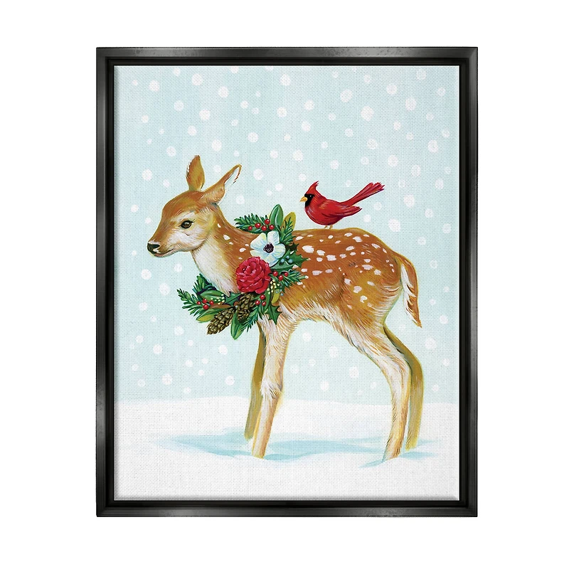 Stupell Industries Snowy Deer Holiday Cardinal Framed Floater Canvas Wall Art