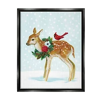 Stupell Industries Snowy Deer Holiday Cardinal Framed Floater Canvas Wall Art
