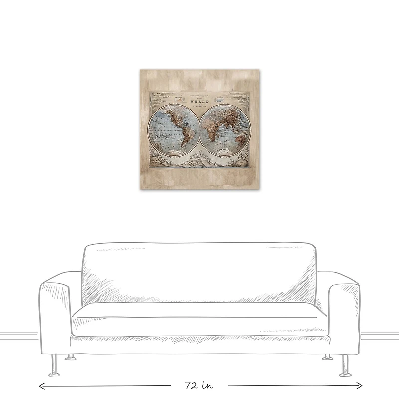 World Map Hemispheres 30" x 30" Canvas Wall Art
