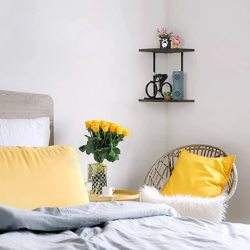 Rustic Brown 2-Tier Floating Corner Shelf