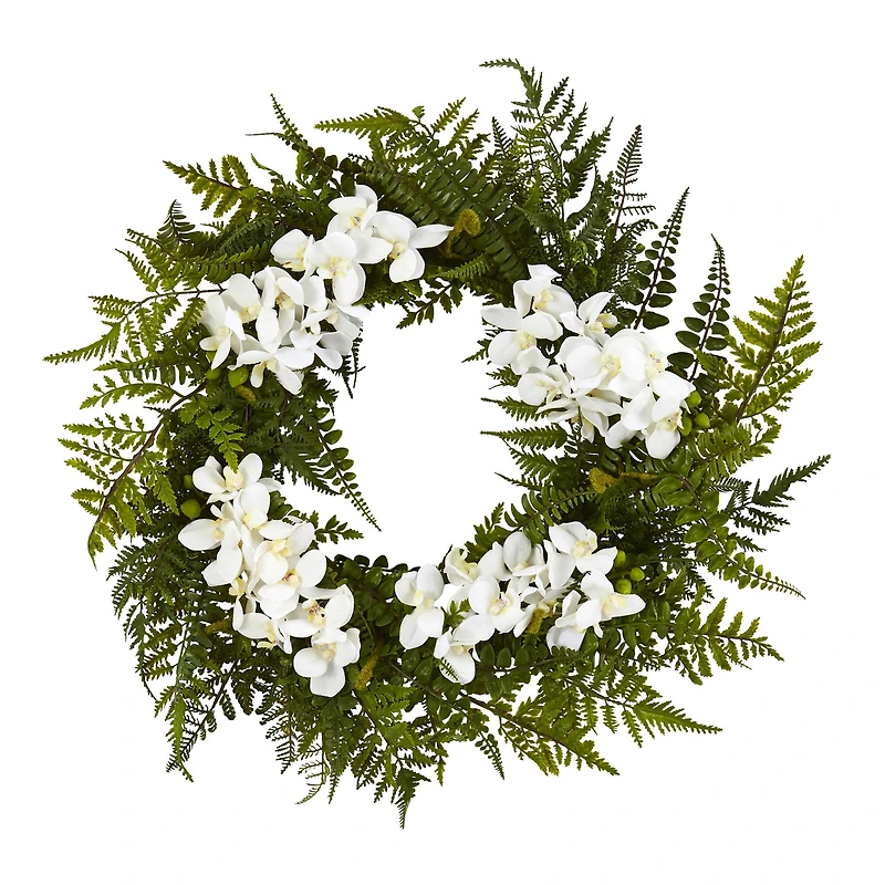 24" Mixed Fern & Moth Orchid Artificial Wreath