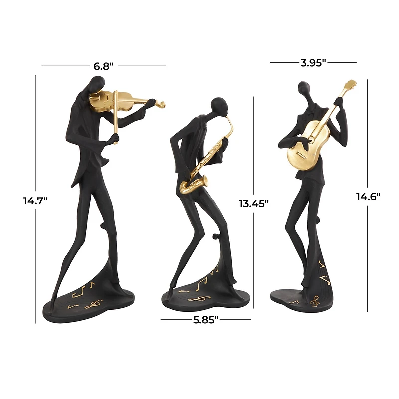 Black Polystone Abstract Musician Sculpture Set with Gold Instruments & Music Notes
