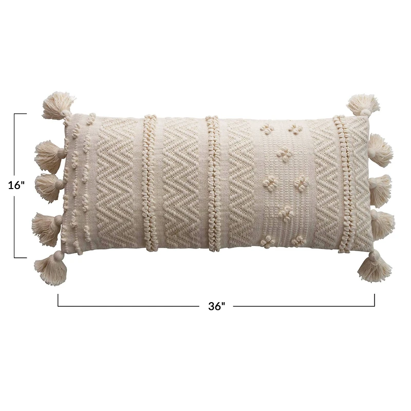 Embroidered Cream Lumbar Pillow with Pom Poms