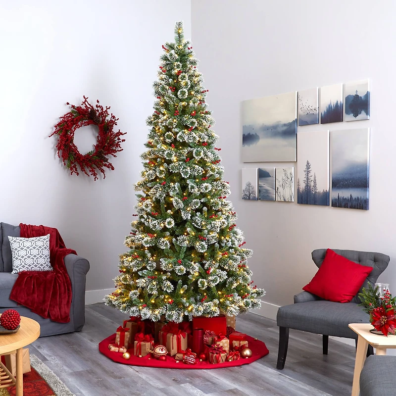 9ft. Pre-Lit Frosted Swiss Pine & Berries Artificial Christmas Tree with Clear LED Lights