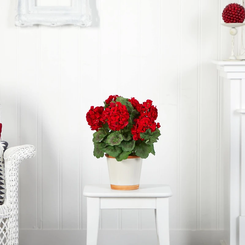 17" Red Geranium In White Decorative Pot