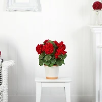 17" Red Geranium In White Decorative Pot