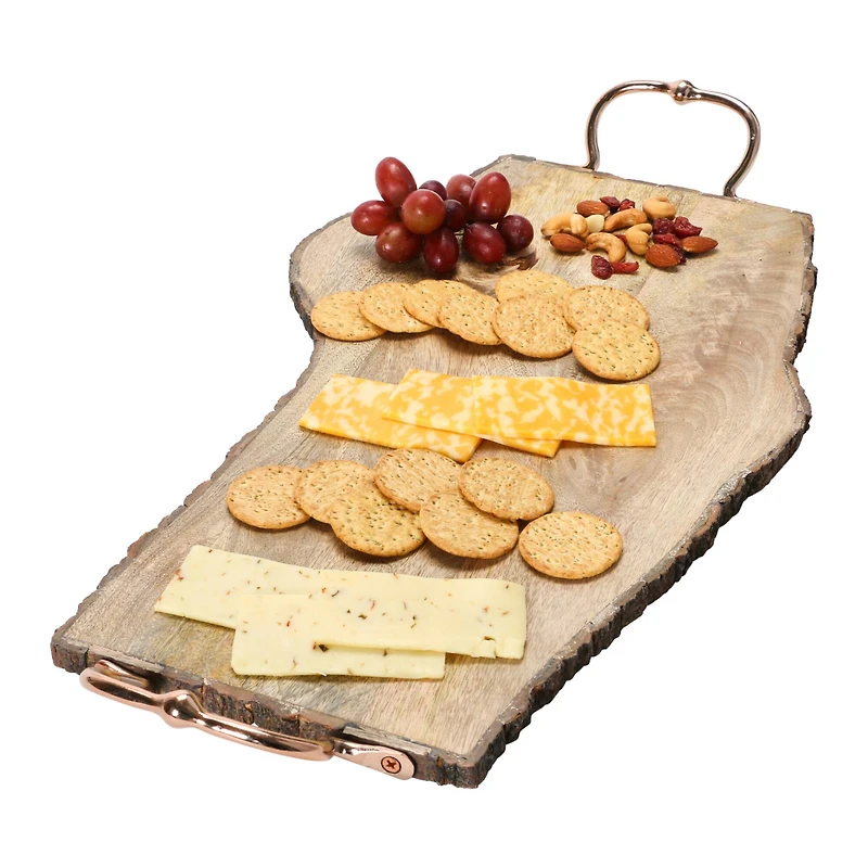 Hello Honey® 24" Natural Mango Wood Slab Serving Tray with Copper Handles
