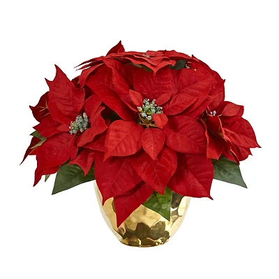 11" Red Poinsettia Arrangement in Golden Vase