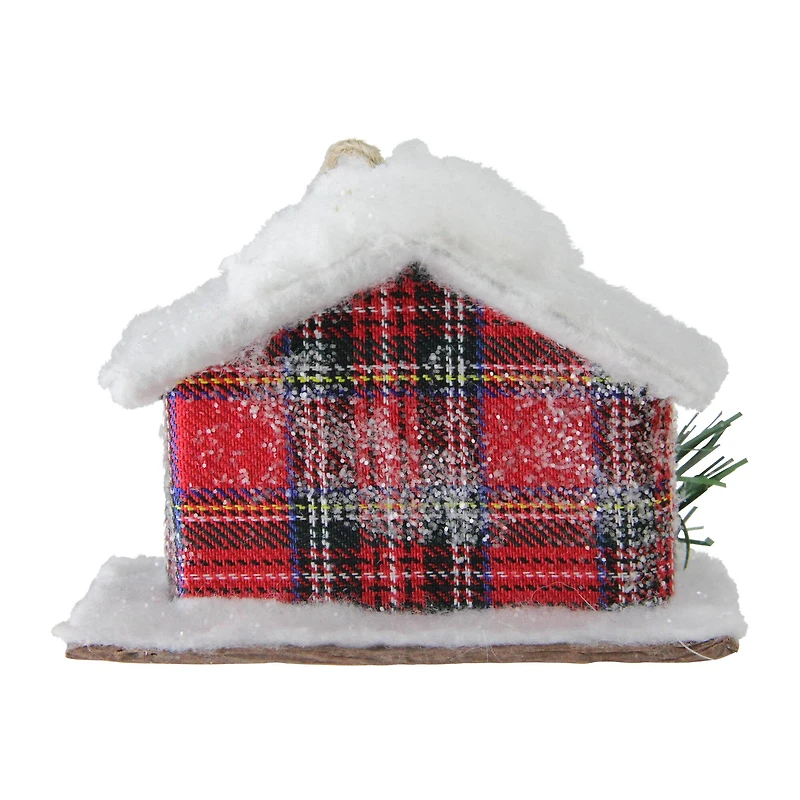 4.5" Frosted & Glittered Red & White Plaid Snow Covered Cabin Christmas Ornament