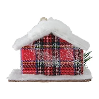 4.5" Frosted & Glittered Red & White Plaid Snow Covered Cabin Christmas Ornament