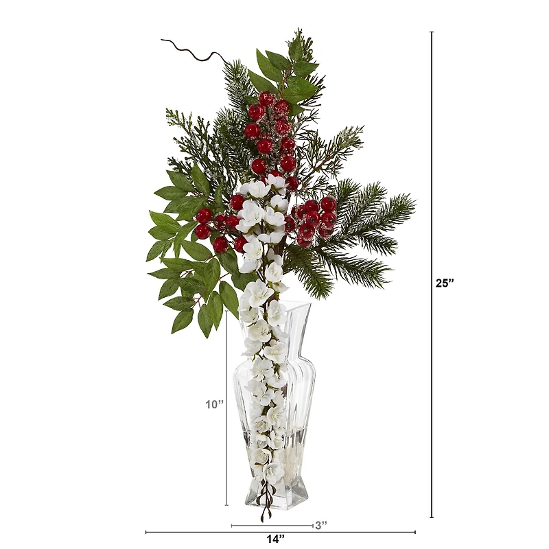 25in. Wisteria, Iced Pine & Berries Arrangement in Glass Vase