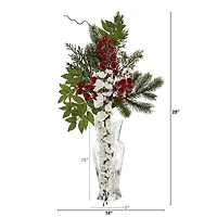 25in. Wisteria, Iced Pine & Berries Arrangement in Glass Vase