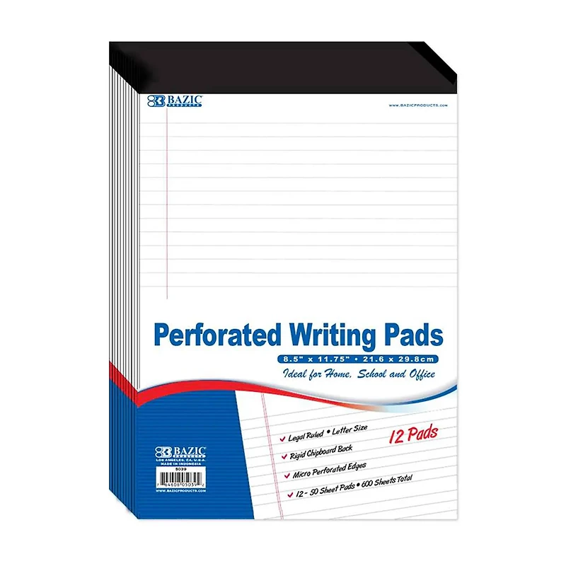 BAZIC Products® 9" x 12" White Perforated Writing Pads, 12Ct