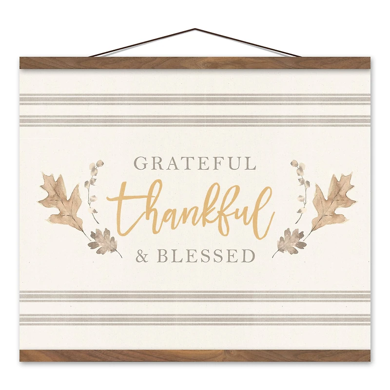 Grateful Thankful Blessed Stripes Teak Hanging Canvas