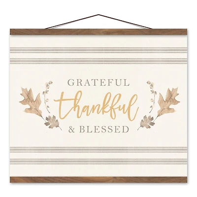 Grateful Thankful Blessed Stripes Teak Hanging Canvas