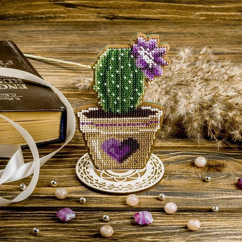Wonderland Crafts Cactus in Heart Pot Bead Embroidery on Wood Kit